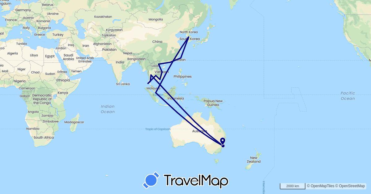 TravelMap itinerary: driving in Australia, China, Cambodia, South Korea, Singapore, Thailand, Taiwan, Vietnam (Asia, Oceania)